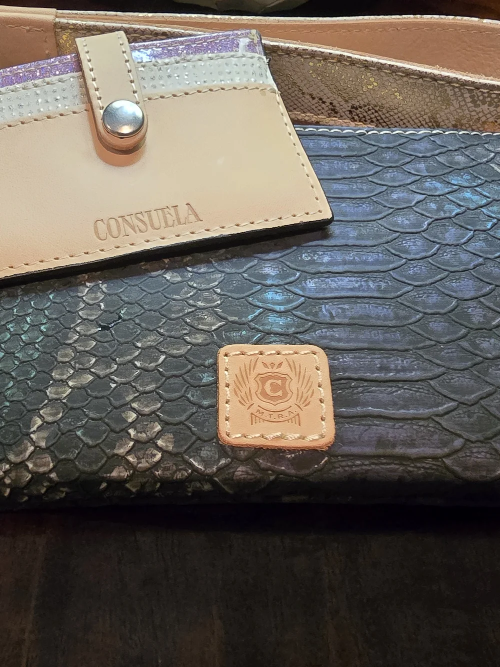 Consuela Black Snakeskin Wristlet with Tan And Pink Cardholder NWOT